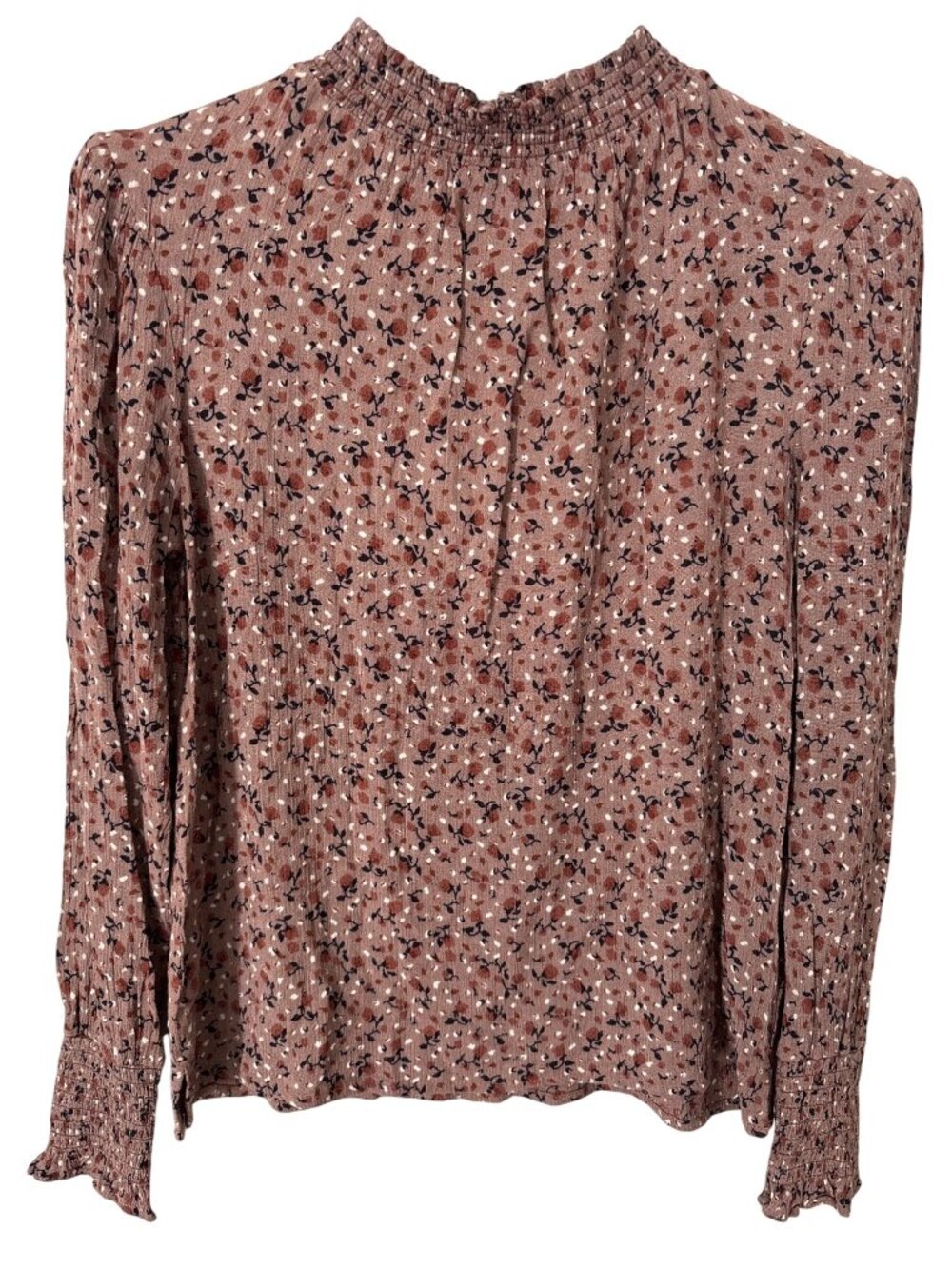 Mod Boutique Floral Blouse Size Small Smocked Mock Neck Long Sleeve Brown Boho